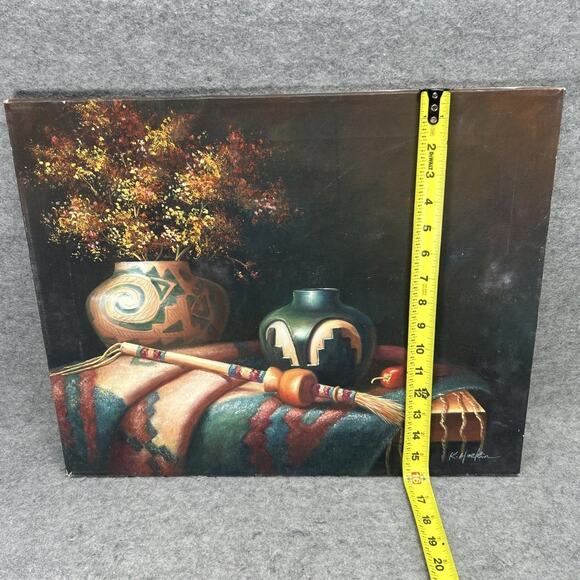 Vtg Southwestern Still Life Painting K. Hoskin Native American Pottery Blanket - Picture 4 of 11